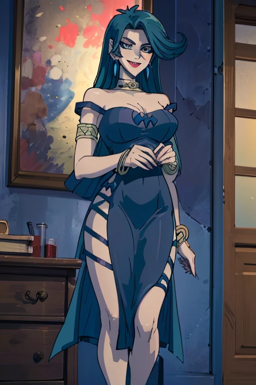 masterpiece, best quality, absurdres, 1girl hwolfie , [ballgown|edgmarquise], edgmarquise, wearing a ballgown, looking at viewer, bare shoulders, breasts, dress, earrings, jewelry, pearl necklace, solo, contrapposto, standing, hand on own hip, angry frown fangs out indoors smile, full body, corsept