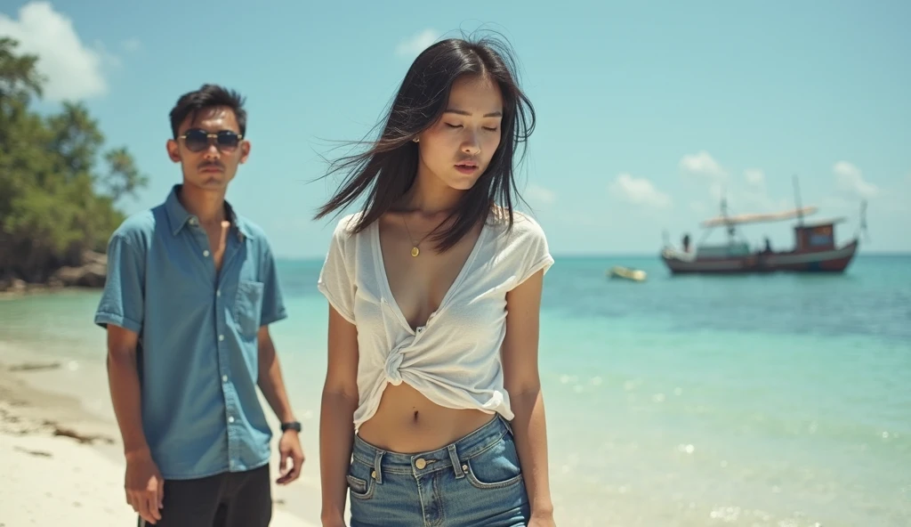 A beautiful Indonesian girl, wearing a t-shirt with a strong vector design featuring a silhouette image of a naked couple having sex in black colour. The sentence "50 EWU SAKPUASE" is displayed with bold and distressed typography pastel tone, short wavy hair, in a public place, surrounded by many naked men, large and sexy breasts, the pantiens reads "(OBRAL)" underwear, with a shooting angle from the front, very realistic, (complex detail: 0. 9), (hdr, hyperdetail: 1.2), RAW, Sony Alpha a9 II, 24-105mm f/4, HDR,
