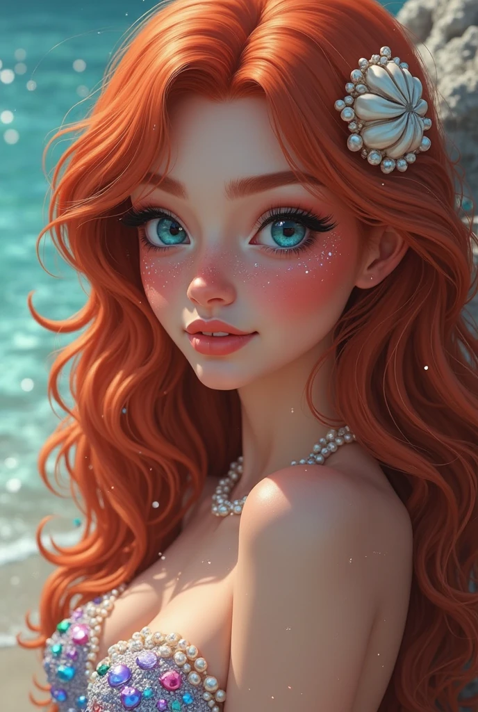photo of young teenage celebrity, RAW, beautiful woman, ((portrait)), ((detailed face:1.2)), ((detailed facial feature, detailed skin, clear skin), (perfect proportioned body, big breasts), (little mermaid style sea shell bikini:1.5)), (high detailed tropical waterfall), swimming in a pool, (realistic photo, best quality, detailed), (8k wallpaper), (cinematic lighting, dramatic lighting) (sharp focus, intricate)