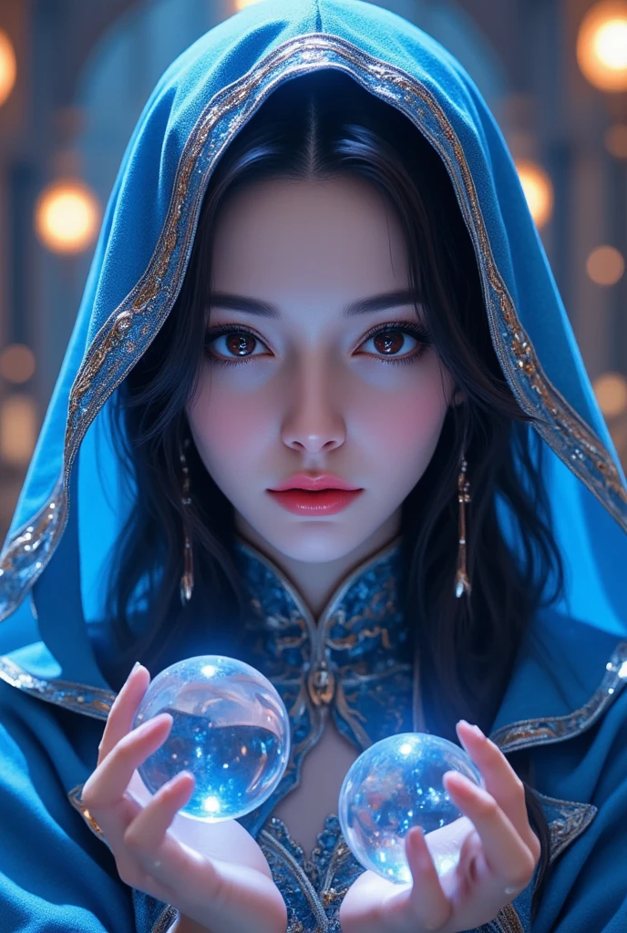 Overall body orientation: frontal. Female fortune teller. Charming, beautiful and mysterious. She wears a blue cloak over her head and has a clear face. The background is bright and glittering. The atmosphere is full of anxiety and anticipation. The fortuneteller is standing. He holds a crystal ball in each hand. The lighting in the room is bright, creating a fantastic atmosphere. Top image quality, 4K or 8K resolution. The level of detail is very fine and photorealistic. Artistic style should reflect the aesthetic of the formula with bright colors and strong contrasts. The color palette should emphasize the mysterious and mystical theme of the piece. The fortune teller's cloak is decorated with metal trim and intricate designs, with a thickness ratio of 1.5 The overall mood is stellar and fantastical. The fortune teller's expression should evoke mystical interest. There is no one there but the fortune teller.