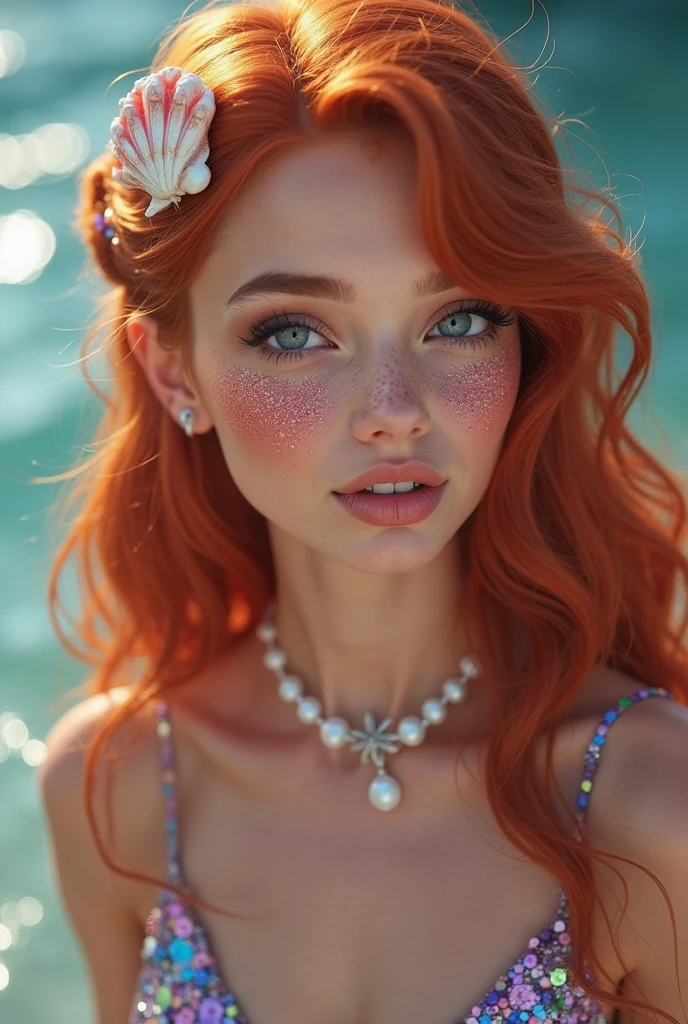 professional photo of S147_JuliaAdamenko, dynamic posture, (seductive look), face and chest, (pouty:0.8), slender, (extremely detailed:1.3), (textured skin:1.3), small, petite, (detailed big eyes), wet skin, (wavy hair:1.2), (sexy makeup), ((wearing a sky blue spaghetti strap silk dress)), gold necklace, dangling earrings, neutral background, light freckles
