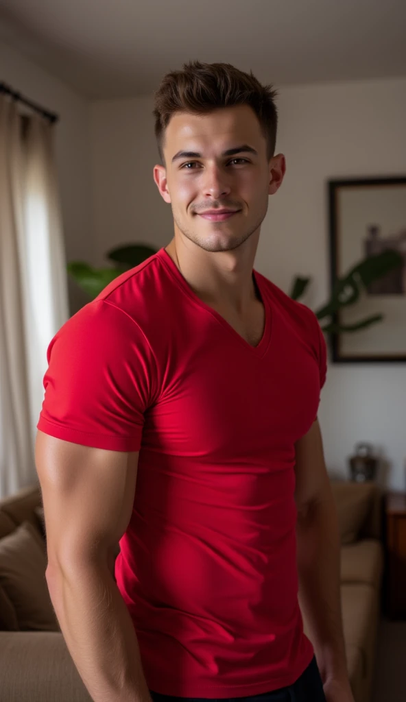 A sexy man wearing red shirt, nsfw, homoerotic, masterpiece, detailed background, movie like visuals, crisp and clear photo, realistic, colourfull, best quality photo,