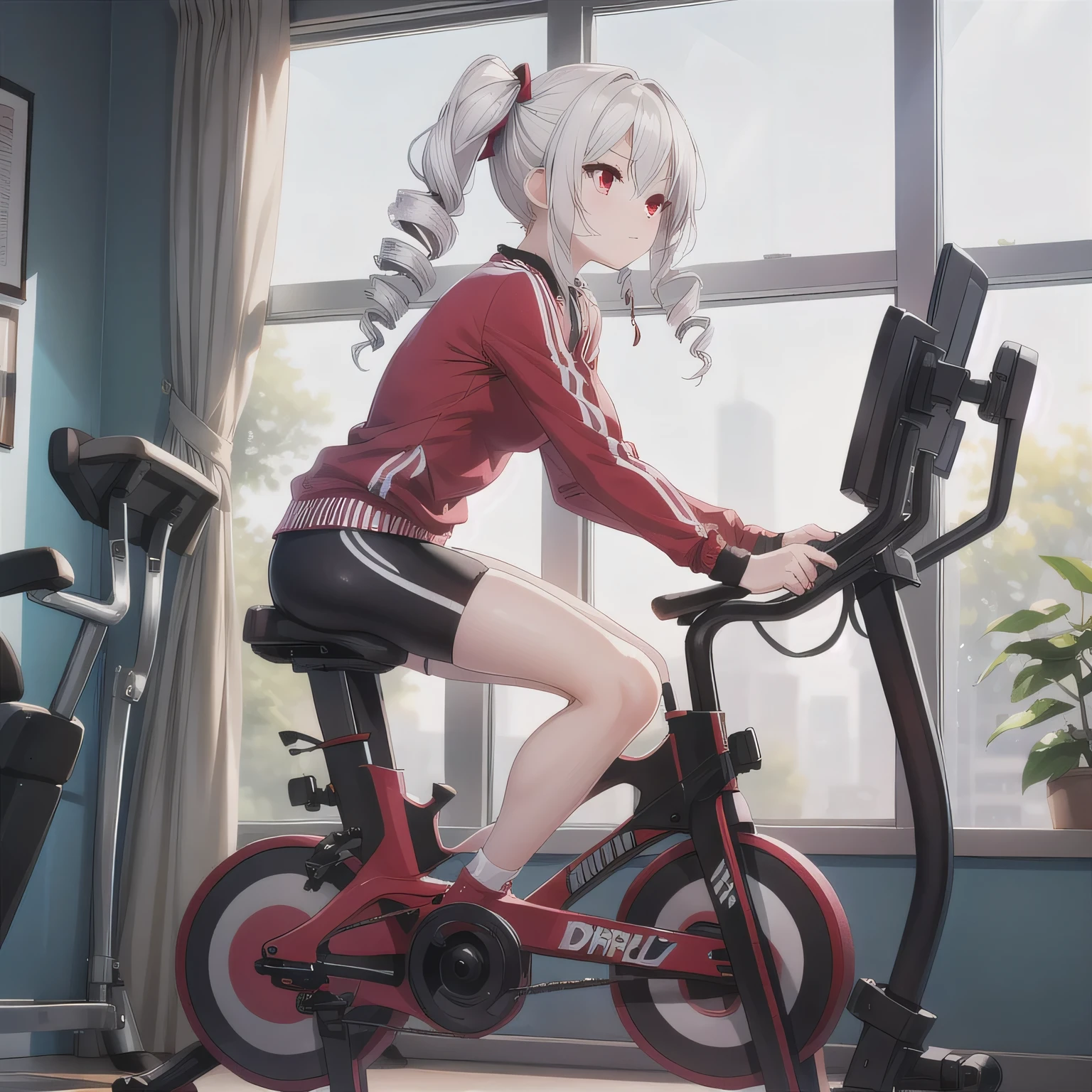 A fitness gym, a person training on a stationary bike, side view, bright morning sunlight through large windows.  (Drill Hair: 1.5), White Hair, Long Hair, (Red Eyes: 1.5), Twin Drills.