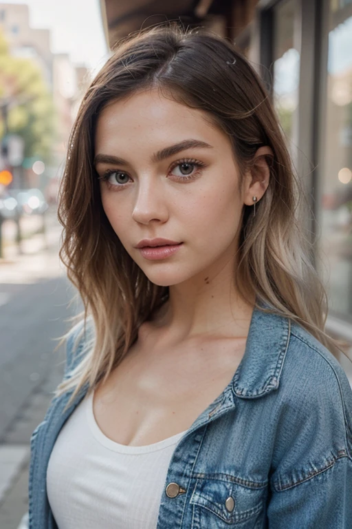 ((Best quality)), ((masterpiece)), (detailed), A real person, blonde, Blue eyes, city, Photograph