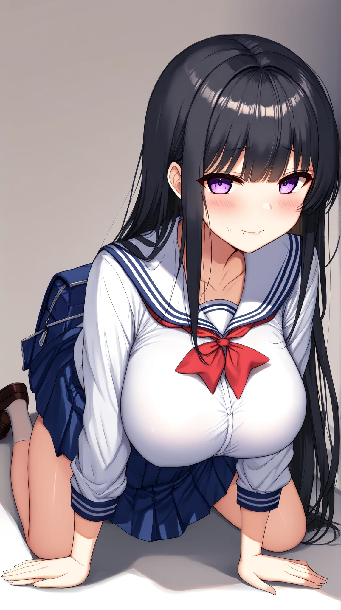 high resolution、8K、Beautiful pink eyes、Black Hair、Glasses、Belly button piercing、NSFW, Glossy with oil々Skin、Wear a sailor uniform、Pink Check Skirt、Shiny thighs,、Narrow waist、Firm big breasts、panty lift.cute、Love juice drips、lureの笑み、lure、Sex appeal、Classroom、Kneeling