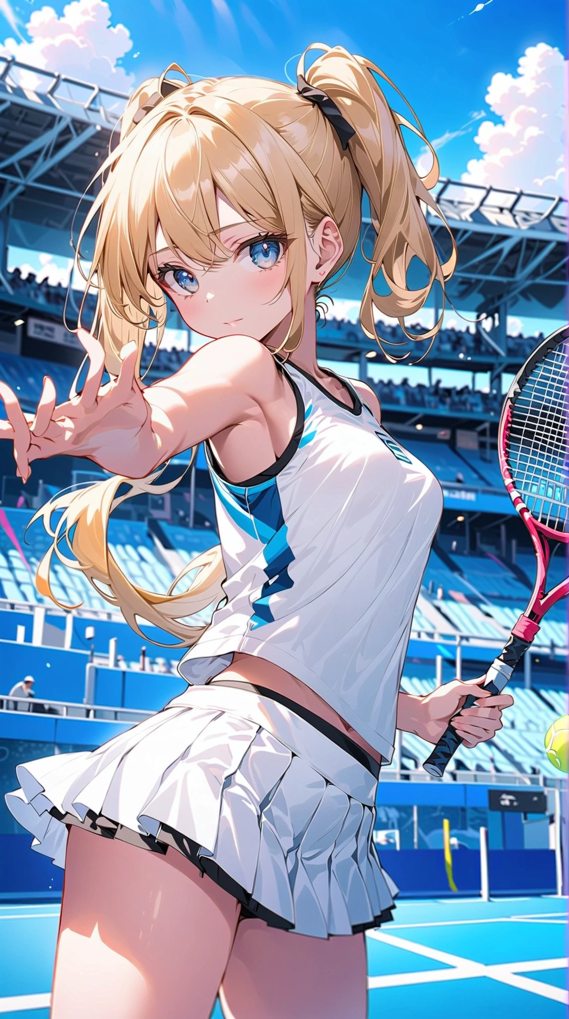 Profile, solo girl, solo, big breasts, ponytail, real, sleeveless, exposed shoulders, blonde, long hair, royal uniform, looking at viewer, masterpiece, highest quality, playing tennis on the tennis court