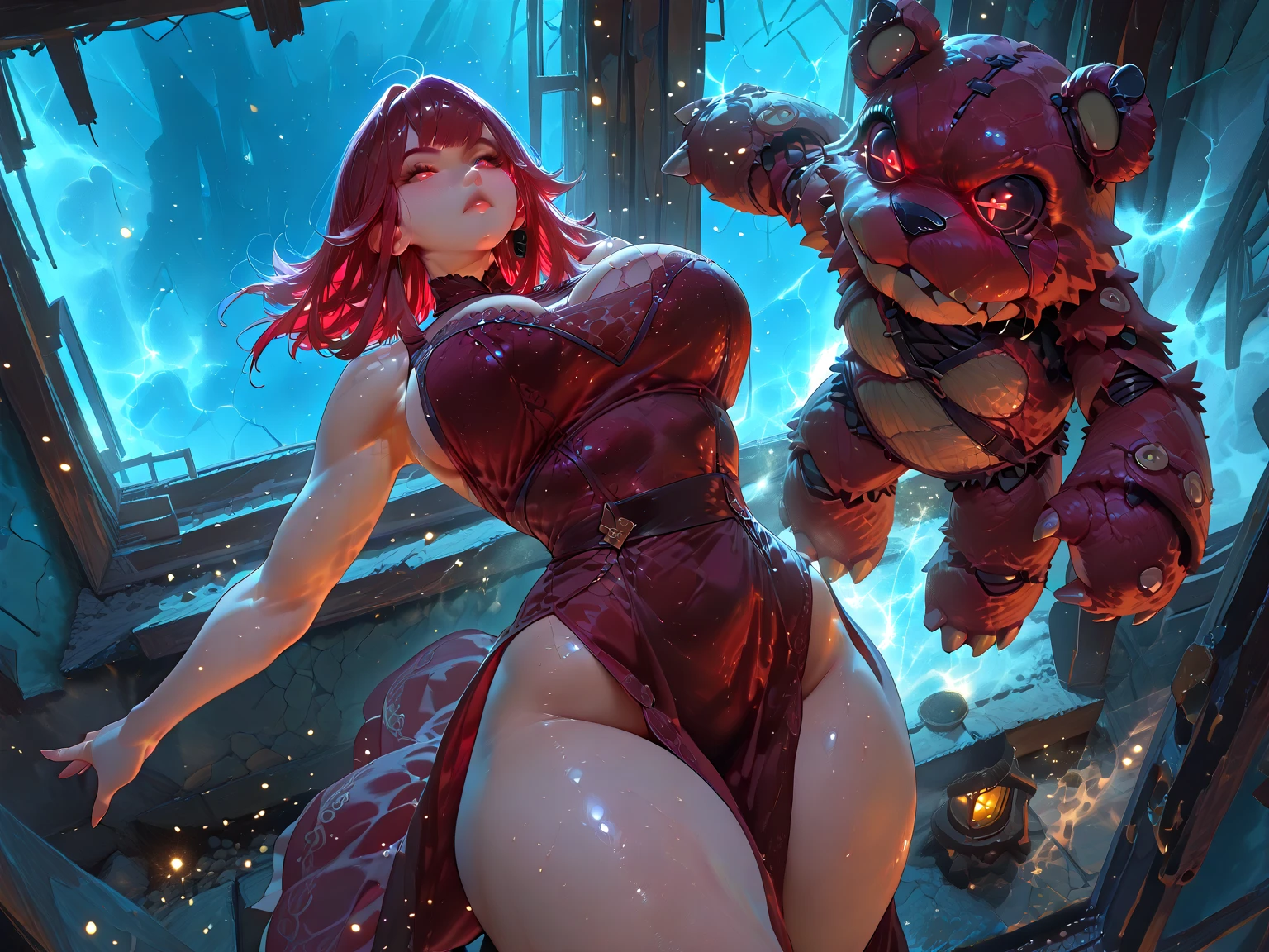 top-quality、tmasterpiece、超A high resolution、(Photorealsitic:1.4)、RAW photo、redheadwear、short-hair、glowy skin、Wet body、full bodyesbian、Large full breasts、Plump body、Colossal tits、gigantic cleavage breasts、、huge-breasted、crisp breasts、A slight smil、(top-quality, tmasterpiece:1.2), (huge-breasted:1.6), long breasts, (Gondola Box: 1.6), (absurderes:1.2), (真实感:1.2)、Huge ass、Plump ass、Thick thighs、long leges、beautidful eyes、largeeyes、luring、semi-bare、Huge 、Fairy Tail, 1girll, Long hair, Red hair, pony tails