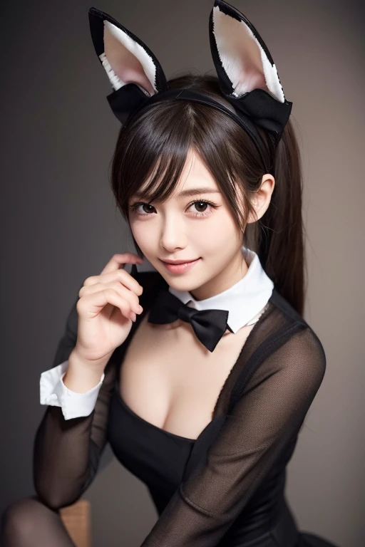 (8k, best quality, masterpiece:1.3), (no background:1.3), (huge breasts:1.3), A Japanese beauty is seducing in the form of a black bunny girl, rabbit ears_bluck, Bunny suit, corset, bow tie, high cut, grin, long hair, hime cut Canceled by the system