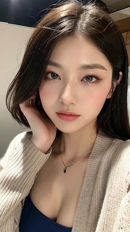 Blue knit dress、A woman with the same face as last time(misaki),4K、1people's women、slender、 Loose wavy styling 、seductive and attractive、full body shot,Including face and skin texture,detailed eyes、a seductive look