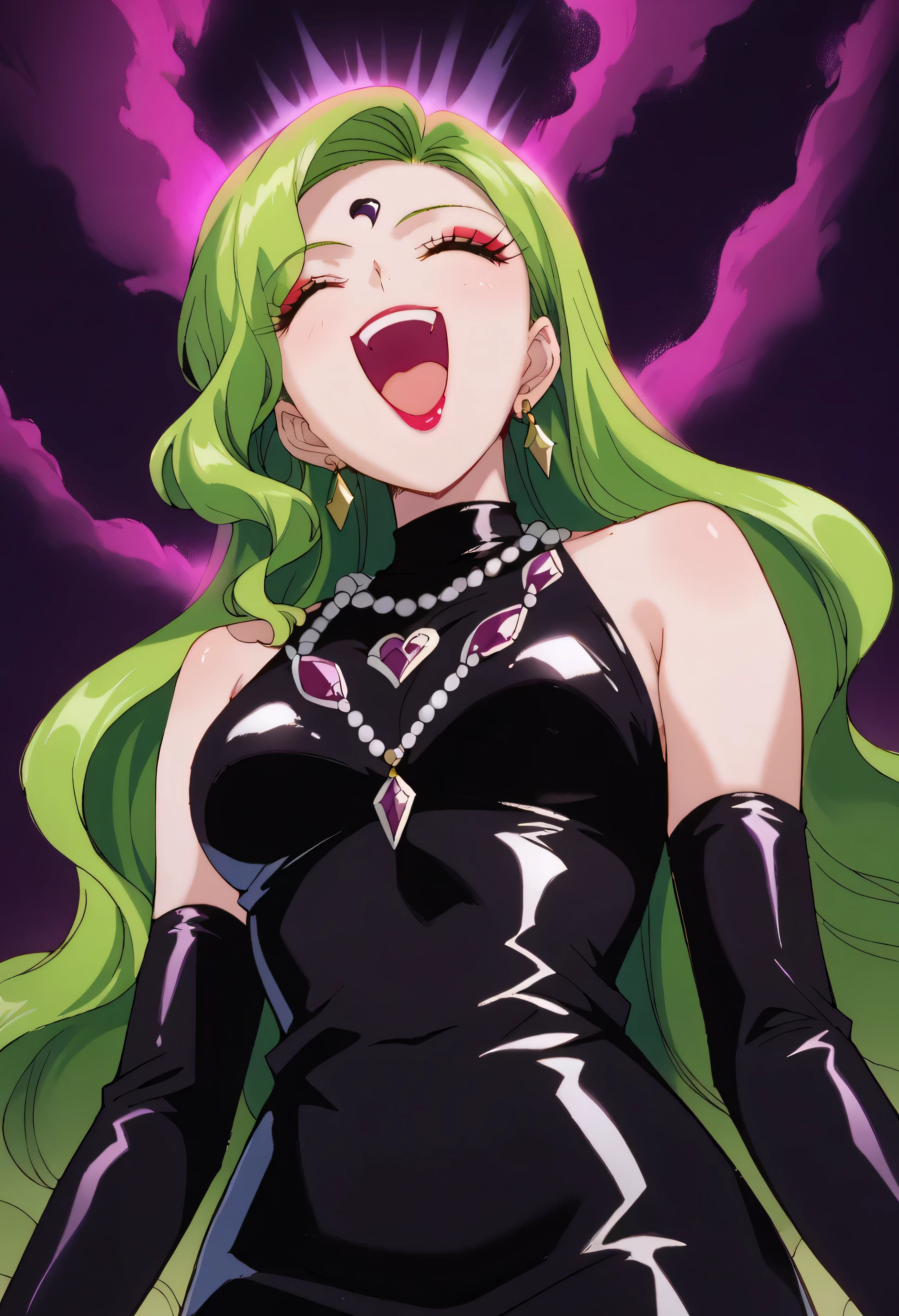 1 woman, beautiful face above the castle gate, green hair, very long hair, wavy hair with a graceful expression, LATEX ONLY , latex gloves, red lipstick, makeup, elbow-length gloves, eyeshadow, bare shoulder,shiny latex black dress, gemstone necklace that crosses the see-through,Pile of purple crystals,earrings, Black fog background , (dark aura:1.9),   go up and open your mouth wide  ,、Self-conceit,from below,Looking Down at Viewers,(laugh:1.9),Anime Coloring,The black crescent moon on the forehead,young lady pose,black and purple background,