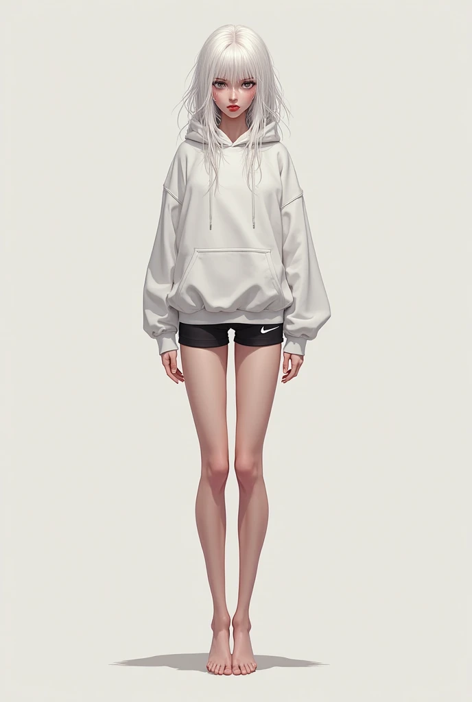 ((masterpiece)),(((Highest quality))),((Character design sheet)), Thin thighs,Long legs,18 year old Japanese girl, Cute type,The best smile:1.5，white long hoodie:1.5, Black panties in full view 1.5，Very short hair ,  (Highly detailed skin), The background is gray，Tuck up your clothes:1.5，Wearing a hood:1.5，Sexy pose with butt sticking out:1.5，Wearing white sneakers:1.5，I&#39;m not wearing a skirt:1.5，
