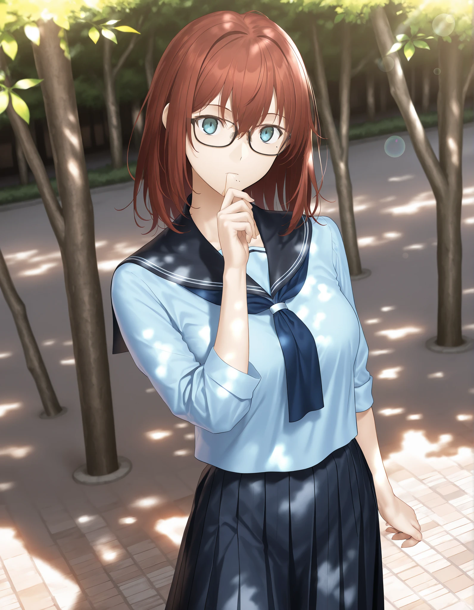 masterpiece, , absurdres, highres, detailed background, high resolution, masterpiece, necessary, detail, best quality, quality, necessary, details, High details, Precise, outdoors, (dappled sunlight), day, lens flare, blurry background, (from above), solo, ,
1girl, , (type-moon,) style, koyama hirokazu style, ,, shiny skin, mole under mouth, thinking, (head tilt),
tall girl, mature, slim body, slender body, brown red hair, medium hair, light blue eyes, black frame glasses, , hair between eyes, dark blue sailor, ((blue seifuku)), , pleated skirt, long skirt, long dress , cowboy shot , ,,, looking at viewer,, medium breasts, (aged up:1.5), ,
