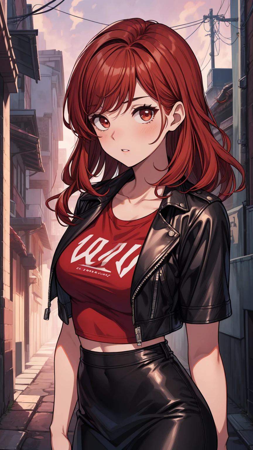 (best quality, masterpiece:1.1), upper body, looking outside, (beautiful delicate face), 1girl, (chibi), curvy, <lora:gothGirlLora_v10:0.5>, goth girl, goth makeup, lovely small breasts, sleepy face, stick out tongue, pink eye, red hair, very long hair, hair over eyes, black (crop top), (black leather coat), choker, short shorts, black shorts