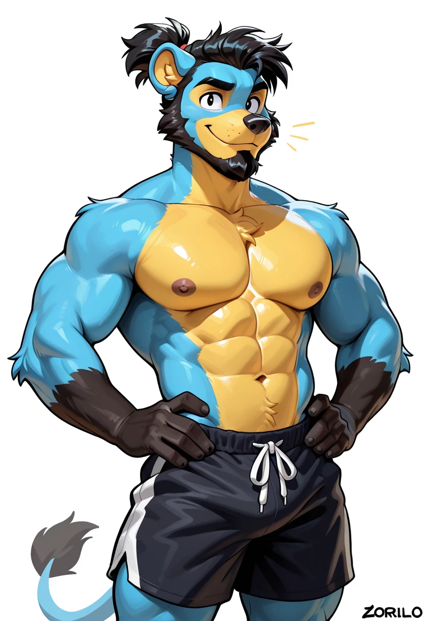 Lucario, muscle, flirting with viewer, on his side, wide shot