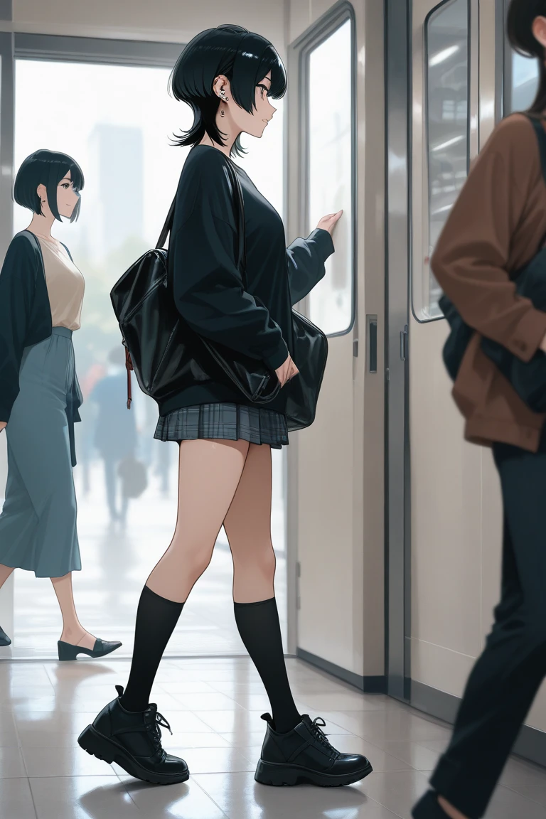 maisakurajima, mai sakurajima, Long braids, bangs, (Black Hair:1.5), hair ornaments, (Purple eyes:1.1), Hair Clip, rabbit hair ornaments,smile,blush,Glasses,One-shoulder sweater,Long skirt,Black pantyhose,short boots,Daytime,Clear skies,Walking,whole bodyがイラストに入るように,
break indoors, University corridor,
break looking at viewer, whole body,
break (masterpiece:1.2), Highest quality, High resolution, unity 8k wallpaper, (figure:0.8), (Beautiful attention to detail:1.6), Highly detailed face, Perfect lighting, Highly detailed CG, (Perfect hands, Perfect Anatomy),