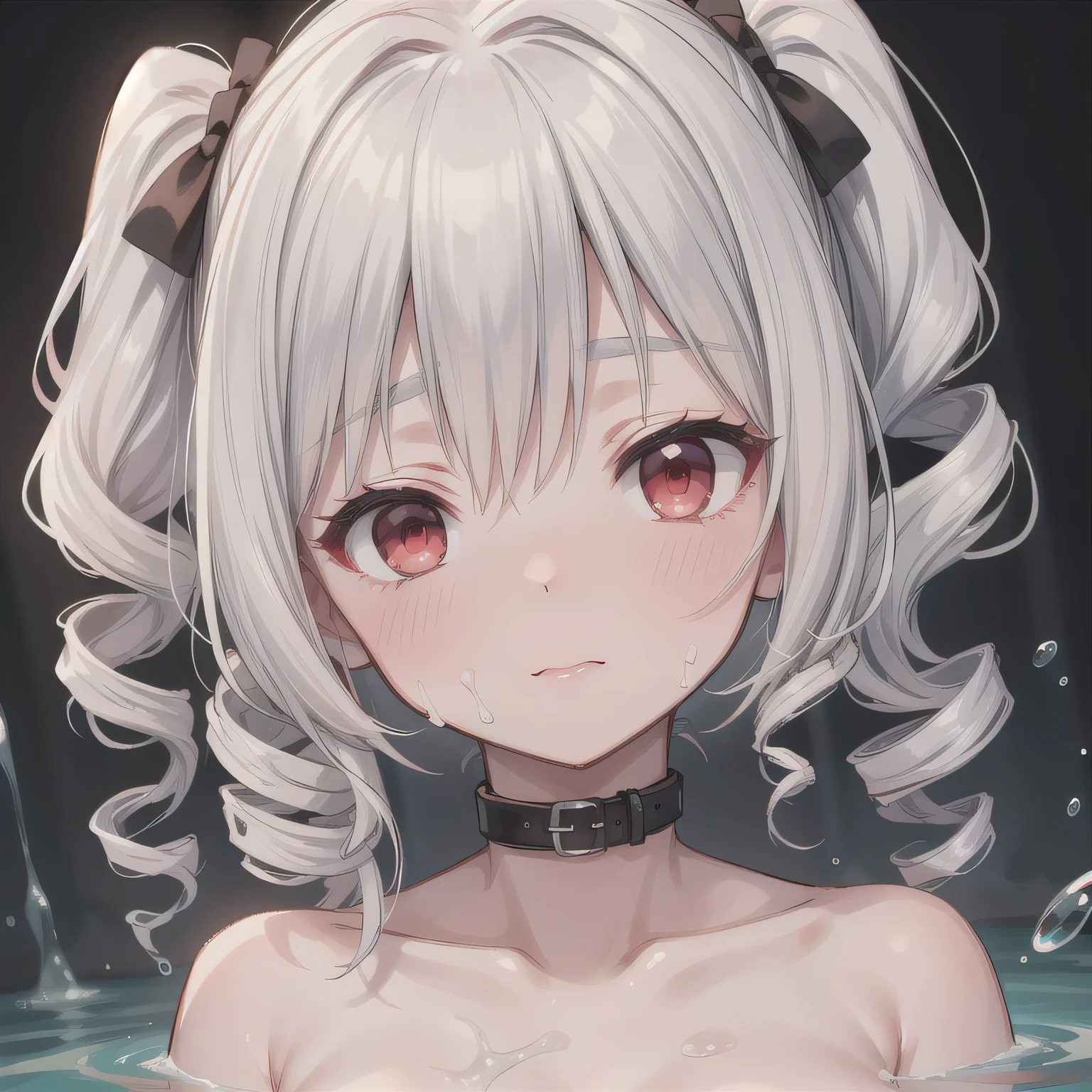 NSFW. Her cheeks are covered in a greyish-white mucus. A young woman, blushing slightly, both eyes closed, after being splashed in the face with A pale grayish-white, slightly sticky and viscous liquid, with a cloudy texture. Face slightly tilted up. (Drill Hair: 1.5), White Hair, Long Hair, (Red Eyes: 1.5), Twin Drills.