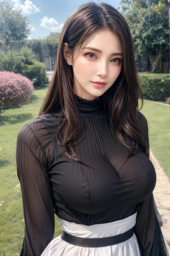 (Beautiful girl sitting on a bench in a flower garden), ((Surrounded by lots of marigolds)), (masterpiece:1.3), light makeup, red lips, beautiful hair, Black hair, (Long bob hair:1.3), elegant, soft lighting, Very fine details, masterworks, authentic texture, perfect work, (1 girl), (One Woman), 16k, high resolution, exquisite features, brown eyes, (Ultra-high resolution eye:1.1), Japanese idol, beautiful face, ((artists work)), (gentle smile like a goddess), attractive, well-shaped breasts, beautiful cleavage, shiny skin, smooth skin, BREAK, (Linen plunge high cut Sheer bodysuit with cutout details:1.4), BREAK, earrings, necklace, BREAK, upper body, (Sitting position), (open legs), (Sitting with legs crossed:1.3), (lovely smile), ((Asking for a kiss:1.2)), (leaning forward:1.3), ((Reaching out)), (Low Angle Shot:1.2), Shooting from close to the ground