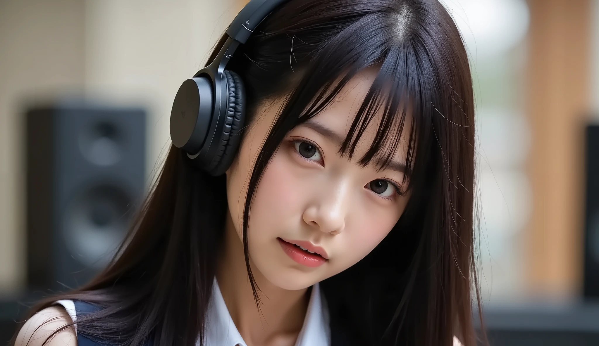 Anime-style, cute girl, listening to music, surrounded by whispering wind, lofi, calm, serene, nature background, flowing hair, headphones,Makoto Shinkai art style