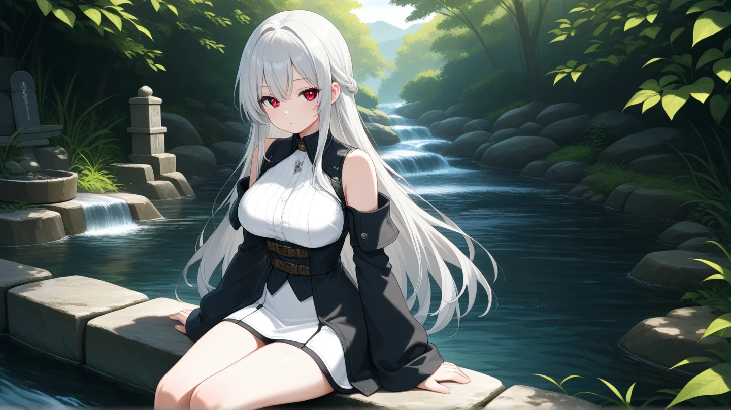 アニメ, 15 year old girl, {face perfect}, {long white hair}, {[dark red eyes]}, {asymmetrical eyes}, {perfect nose}, {visible lips}, {full body 5.0}, {black medieval leather dress}, {facing the front, looking at camera}, {sitting in a waterfall}

{8k image}, {128k ultra resolution}, {ultra quality 128k}, {128k high quality sharpness}
