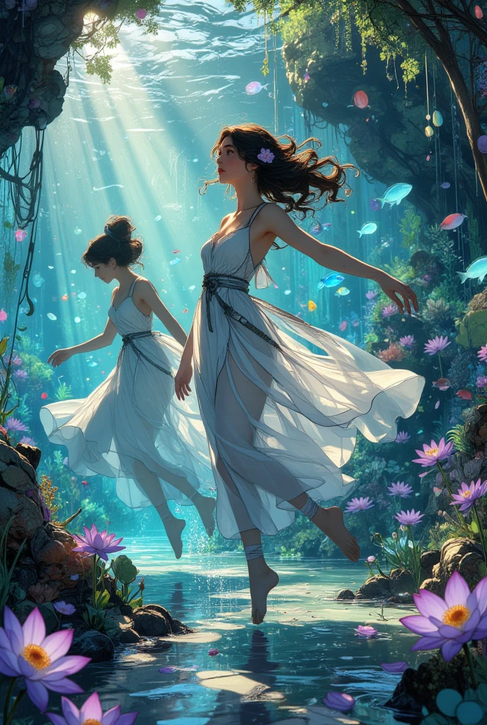 2girls,(masterpiece:1.2),best quality,multicolored,masterpiece,best quality,((an extremely delicate and beautiful)),floating,(detailed wet clothes),(detailed light),feather,nature,(sunlight),river,floating palace,beautiful and delicate water,(bloom),(shine),panorama,landscape,