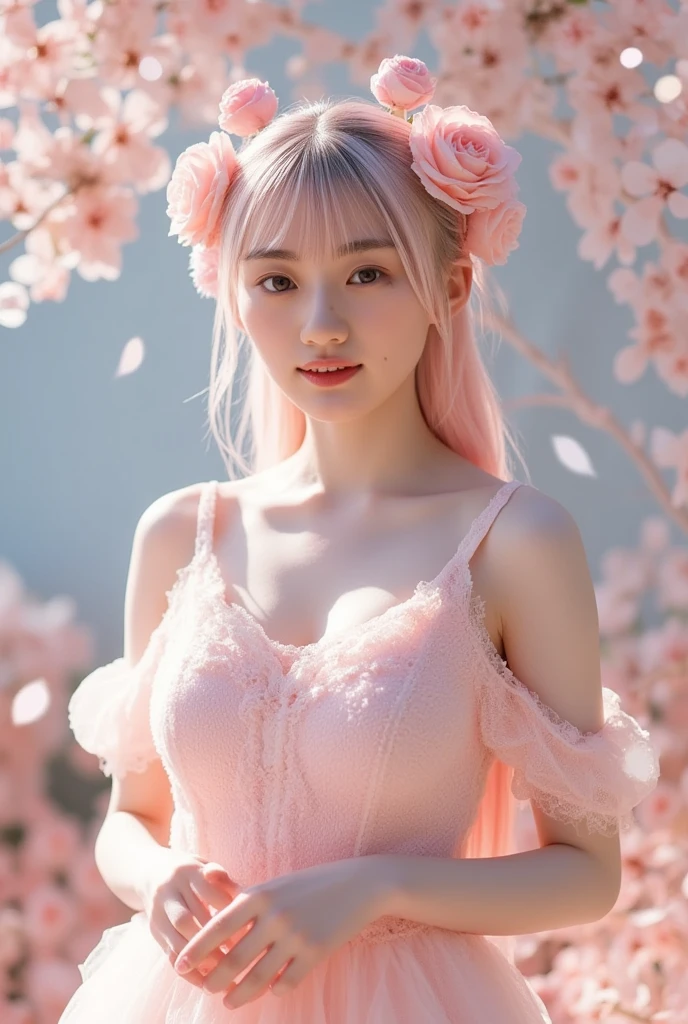 1girll,gigantic cleavage breasts,blossoms,Lixian flower,in the style of light pink and light azure,Dreamy romantic composition,pastel pink,ethereal foliage,playful arrangements,fanciful,hight contrast,Ink strokes,blasts,over exposure,Impression of purple and red tones,abstracted,((Watercolor by John Berkey and Jeremy Man))Brush Strokes,negative space,