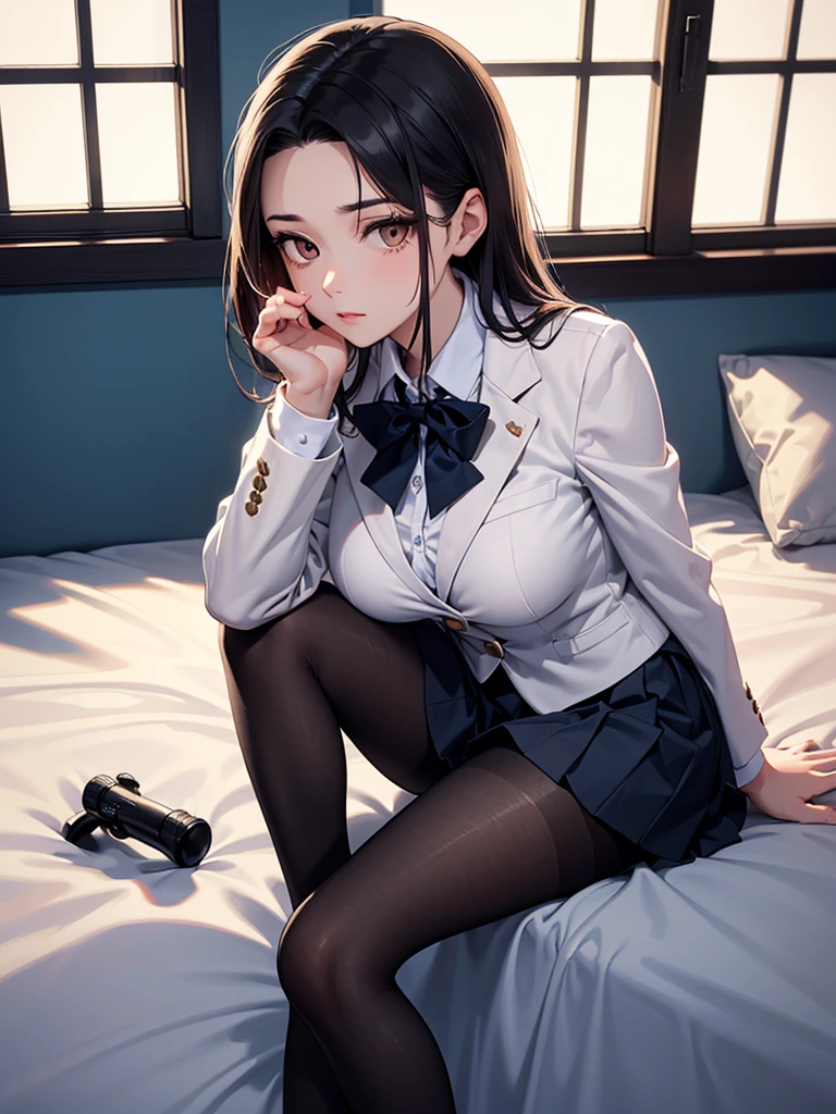 suspenders Moderate breasts Small face holster Beautiful woman Lying in bed Looking up Sweat belt summer 脇Sweat Black Hole Gloves suit shirt Black jacket Black trousers Leg Links