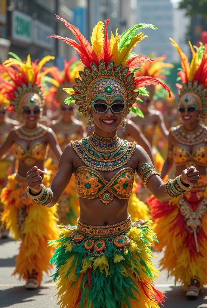 Brazil takes the form of a joyful samba dancer, wearing a vibrant feathered headdress, a sequined costume, and dancing to the rhythm of energetic music. She radiates energy, passion, and a zest for life.