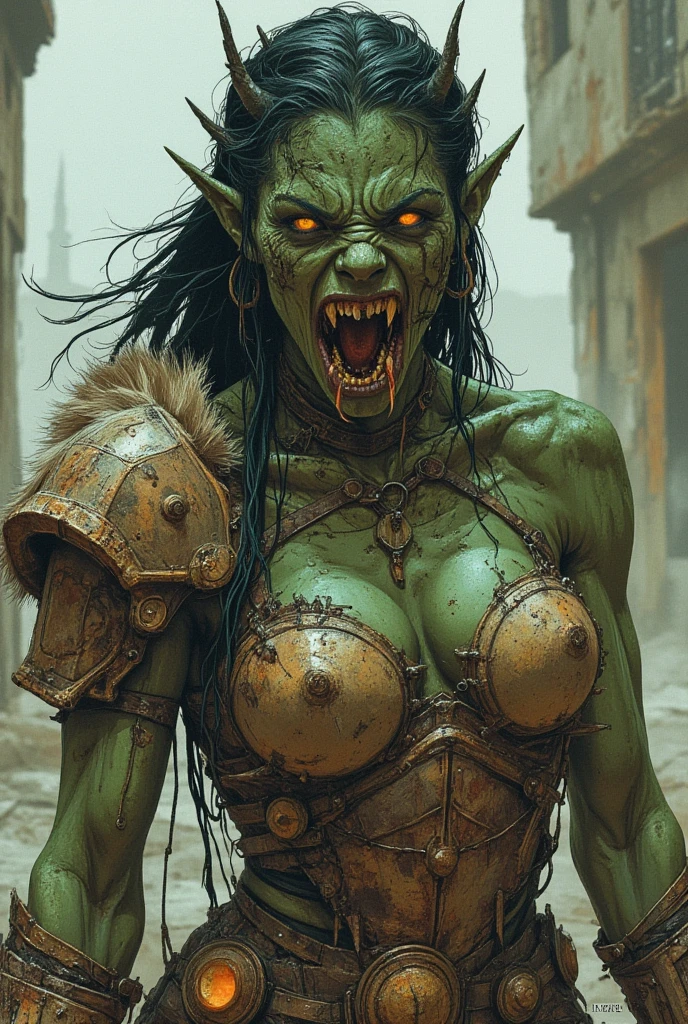 Masterpiece, Best Quality, Official Art, 8k Wallpaper, Very Detailed, Illustration, (orc young queen), dirty skin, Long Hair, Detailed Eyes, sharp fangs, Bare Shoulders, armor, Lake, Pure, Soft Smile, old castle, (deep scar with drops of blood)