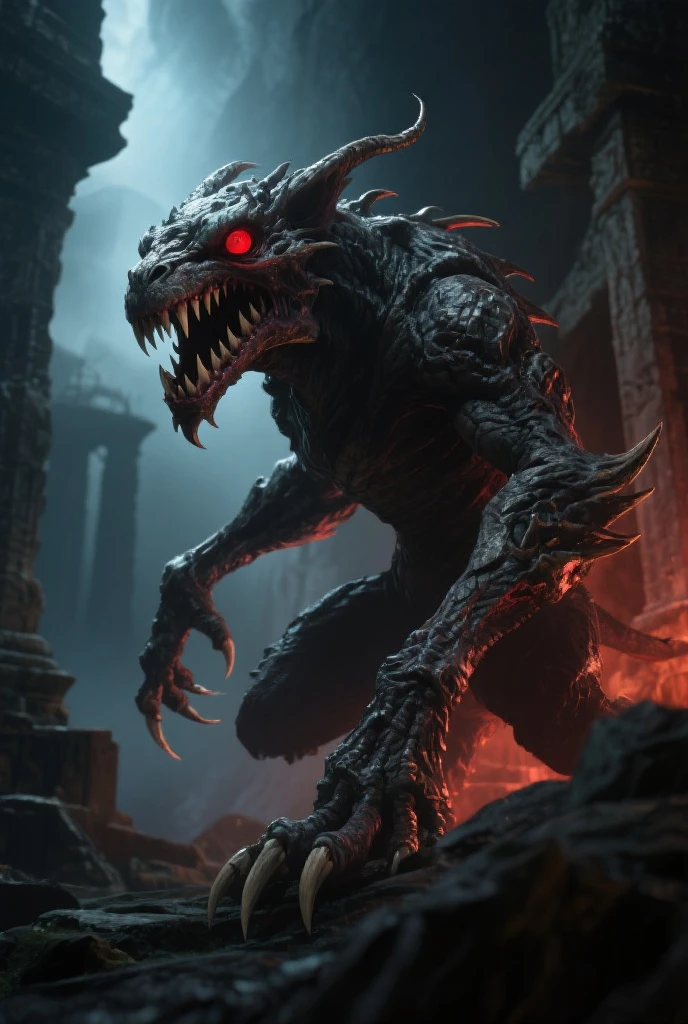 Create a highly realistic CG image for TikTok with horror elements. The scene features a terrifying monster in a dark, eerie environment. The monster has sharp, jagged teeth, glowing red eyes, and grotesque, scaly skin. It stands menacingly in front of a dark, foggy background, with shadows flickering around it. The setting is a desolate, abandoned place with broken structures and overgrown vegetation, adding to the horror atmosphere. The image should be in 1080x1920 resolution to fit TikTok's format.