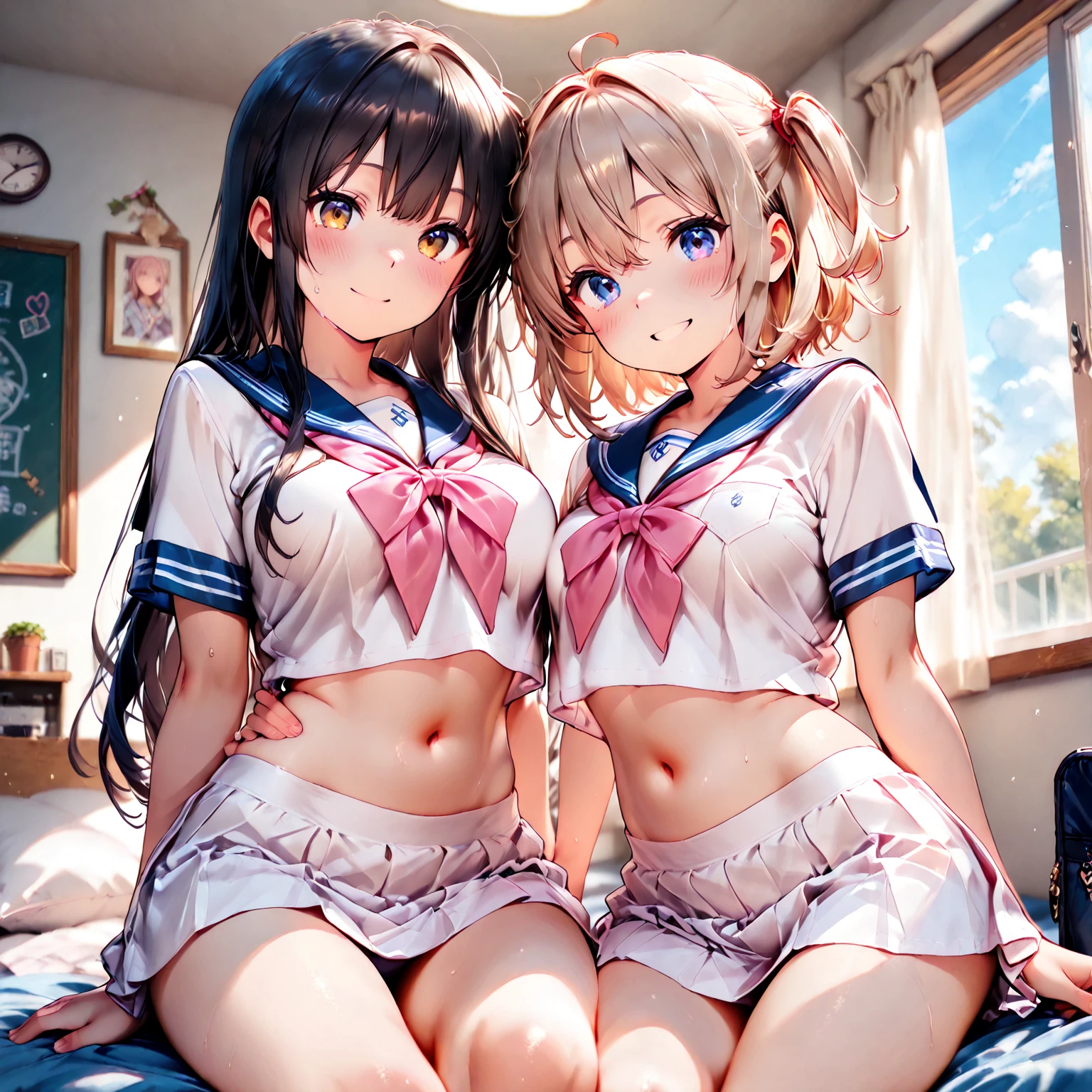 NSFW, sleep on the bed, open your legs, (master piece, highest quality), three girls, , Semen overflows from the female genitalia, Cover your breasts and crotch with your hands, bra is visible, (In the middle of taking off your panties), fluffy pubic hair, ((sleep on your back)), sailor suit, wide angle, best lighting, best shadows, (open your mouth a little), (surprised expression), chatting, low twintails, high ponytail, curl bob hair, a shy look