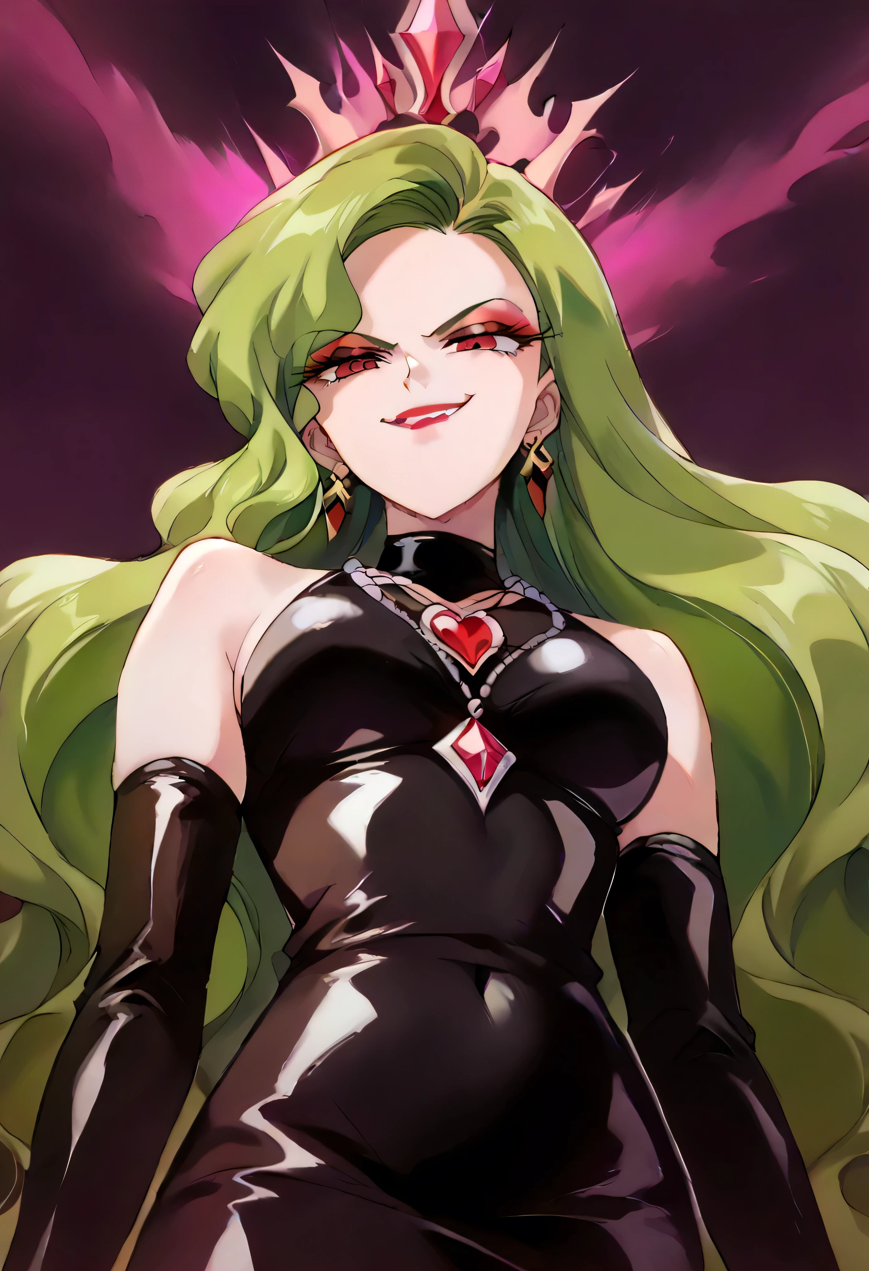 1 woman, beautiful face above the castle gate, green hair, very long hair, wavy hair with a graceful expression, LATEX ONLY , latex gloves, red lipstick, makeup, elbow-length gloves, eyeshadow, bare shoulder,shiny latex black dress, gemstone necklace that crosses the see-through,Pile of purple crystals,earrings, Black fog background , (dark aura:1.9),   go up and open your mouth wide  ,、Self-conceit,from below,Looking Down at Viewers,(evil smirk:1.9),Anime Coloring,The black crescent moon on the forehead,young lady pose,black and purple background,