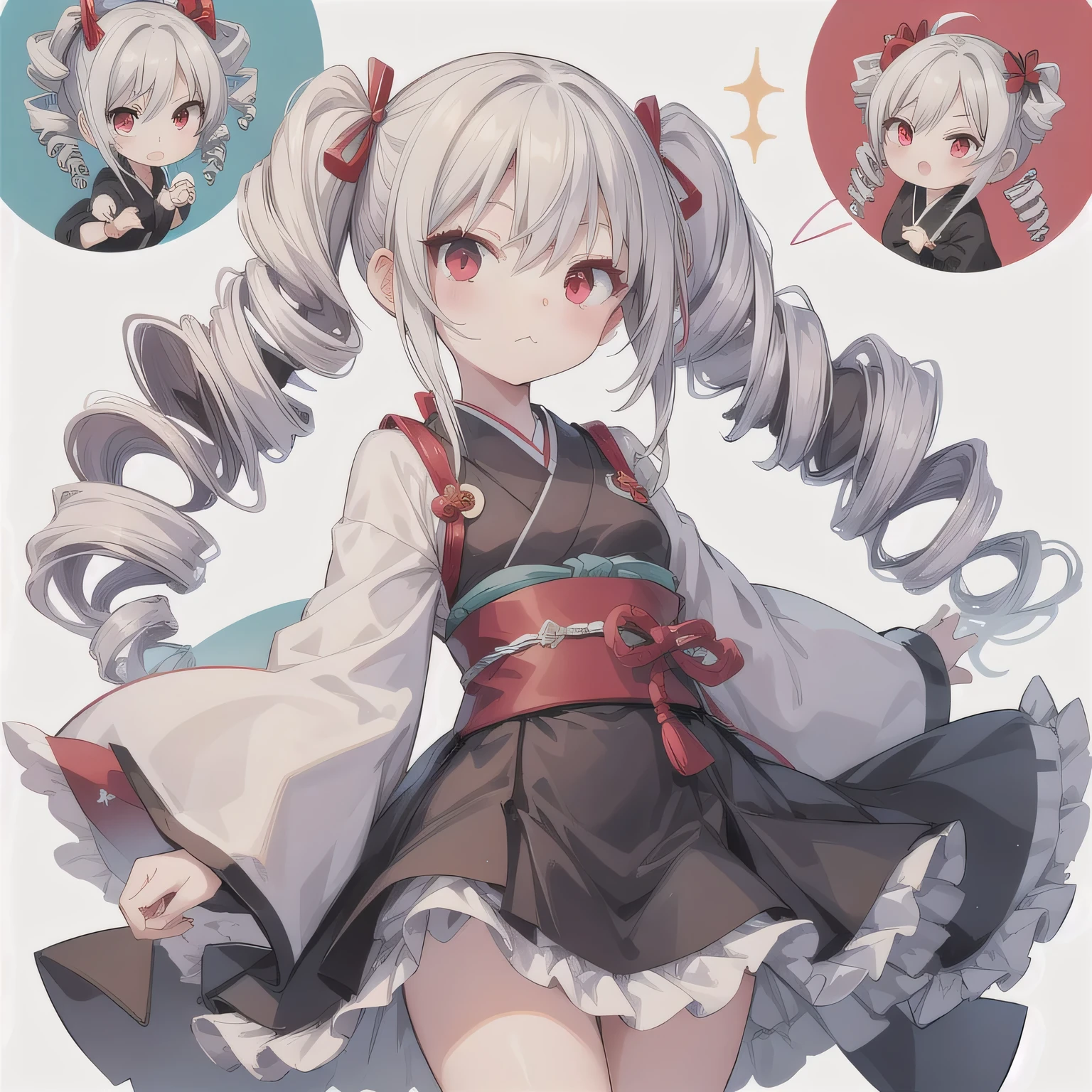 A Japanese anime-style chibi girl, 3-head-tall, super round body and head, deformed proportion, big sparkling eyes, small nose and mouth, cute and soft illustration, simplified color palette, masterpiece, her mouth is empty, nothing in her mouth, no objects around the mouth, not eating, not holding anything, natural facial expression. (Drill Hair: 1.5), White Hair, Long Hair, (Red Eyes: 1.5), Twin Drills.