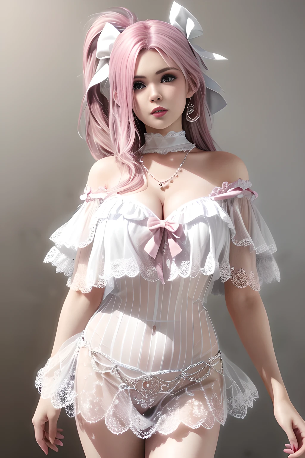 8K, table top, RAW photo, highest quality, realistic, Highly detailed CG Unity 8K wallpaper, Depth of bounds written, cinematic light, Lens flare, ray tracing, (very beautiful face, beautiful lips, beautiful eyes), face with intricate details, ((super dense skin)) 1 girl, in the dark, deep shadow, cute korean girl, ((looking at the viewer)),(enchanting smile), (blurred background), earrings, bracelet, necklace, clear eyes, Bedroom, front shot, (white skin), look forward, (Big eyes), ((upper body shot)), ((baby doll, White corset, Lace fabric, Ribbon ruffles)), (camel toe, shape), (pink haired:1.3), (ponytail), (big :1.5), ((camel toe)), See through,