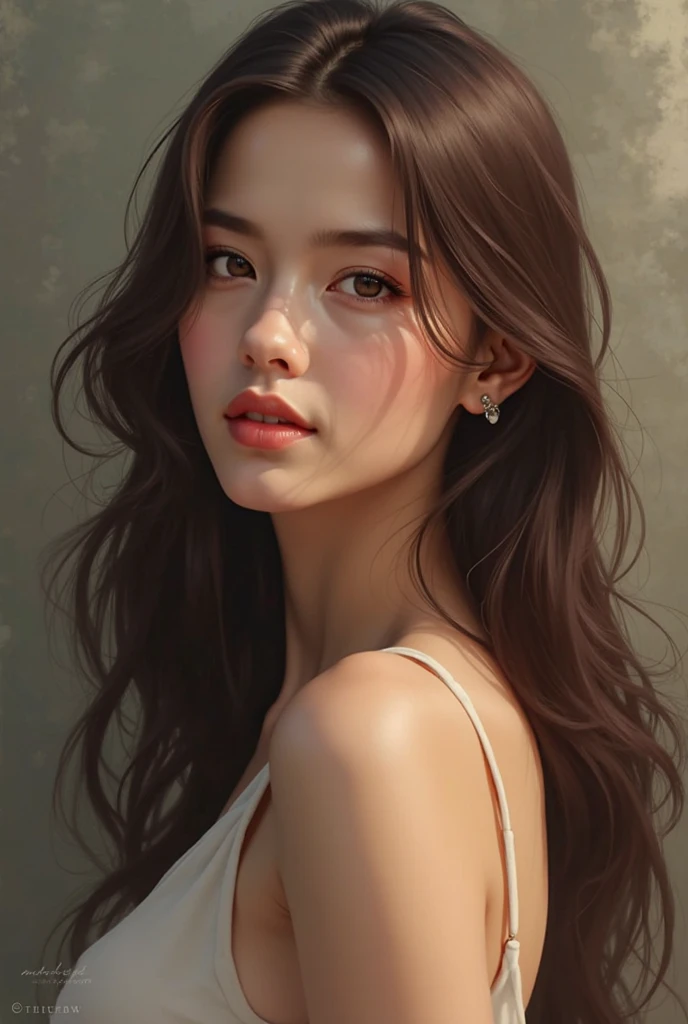 film portrait photography, 1girl, bare shoulders, wavy shoulder-length hair, serene, calm, (realistic detailed eyes, natural skin texture, realistic face details), soft dramatic lighting, depth of field, bokeh, vibrant details, finely detailed, hyperrealistic, 35mm film, hazy blur, filmg,