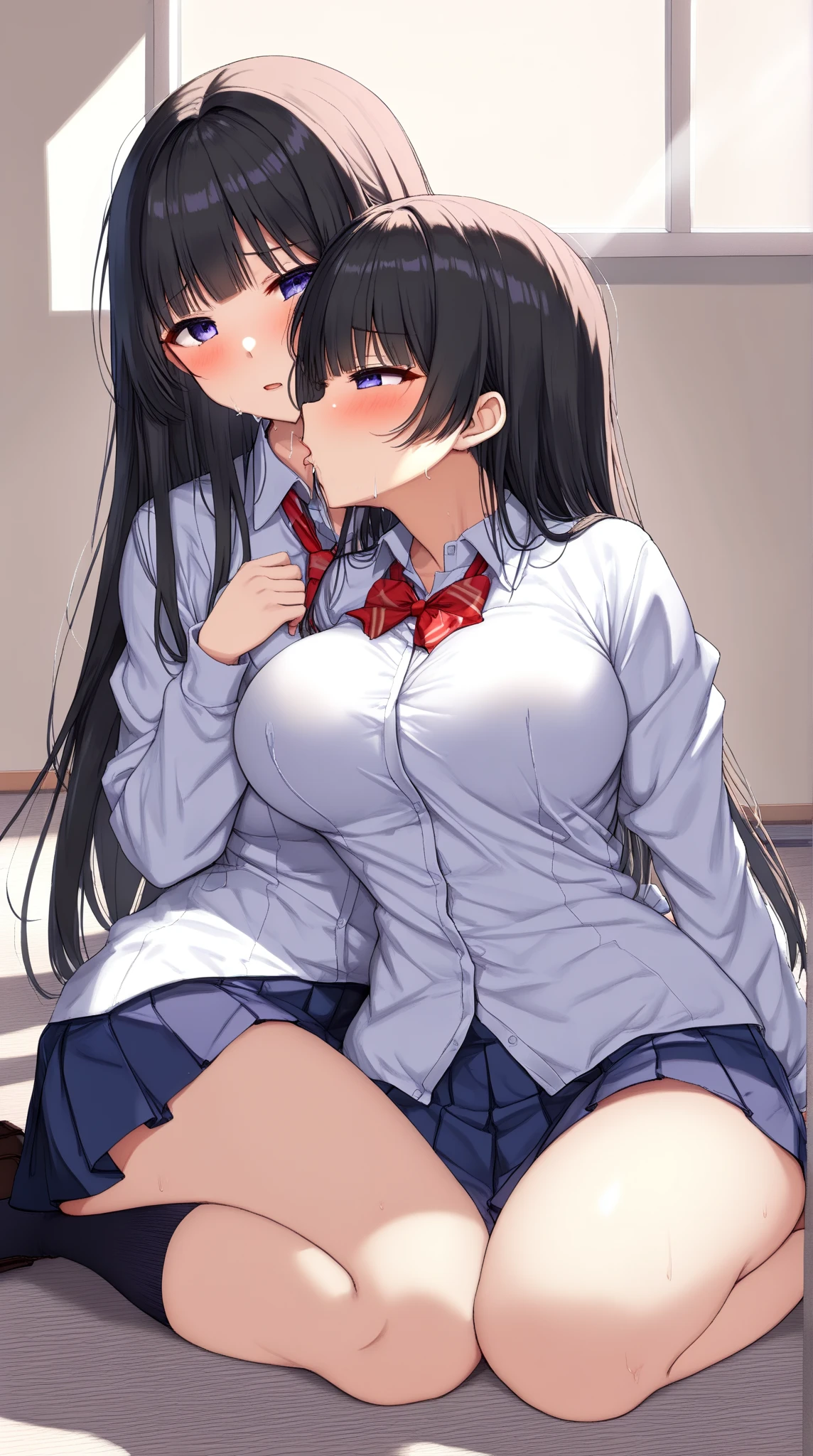 ((nsfw, masterpiece, best quality)), (photo realistic), best shadow, high detail, very detailed, (nice hands, perfect hands), (POV, face focus:1.4), ((1girl and 1 boy)), beautiful girl, 20 years old, deep blue eyes, (black straight long hair:1.5), (small breasts:1.1), glossy skin, ((view from front:1.5)), (very slender:1.3), (beautiful adolt face:1.3), famous idol, thin lips, detailed facial features, Crisp focus, perfect beautiful body and face, pink small nipple, beautiful childish face, perfectly in focus, long bangs, underhair, (in the bedroom:1.3), all body, (smile:1.2), (sweat:1.5), ((woman on top:1.5)), ((penis)), ((vaginal)), ((sex:1.5)), (school suit:1.5), hair between eyes, (cum overflow from crotch:1.5), ((bottomless)), (open mouth:1.3), (show off nipple:1.2), spread crotch, on the bed, (drool:1.4), (cum in pussy:1.3), (uterus:1.4), (tongue out:1.3), (look at viewer:1.3)