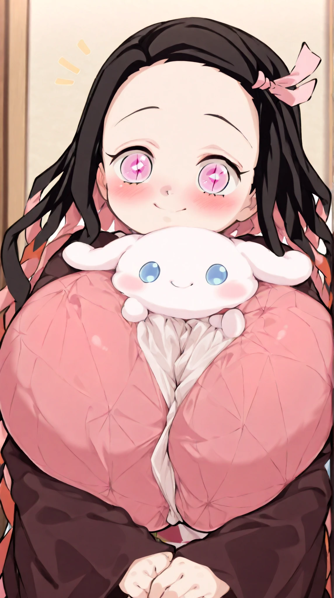 Her hobbies are drawing and eating sweets. She has long, black hair and her eyes are a light purple. She has big breasts. 163 cm tall, and has a rather chubby figure. She likes to sleep and read novels.