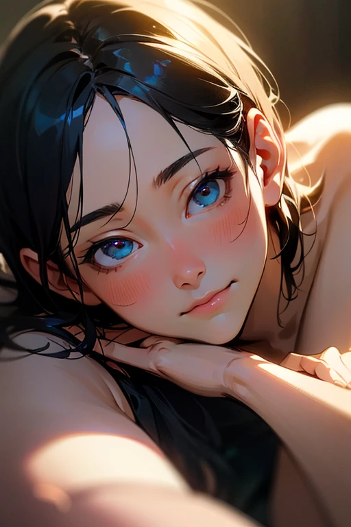 obra de arte, high resolution, illustration, Kyoto animation style, Its name is cinematic style, noite, midnoite, luz, (1 female: 1.3), (sozinho: 1.4), long eyelashes, bob curto, nariz corando, futon, deitado, nu, close do rosto, hide with your hands胸部, hide with your hands,
