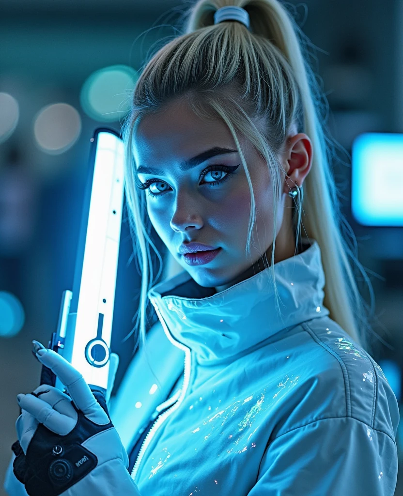 Full body cyber girl with a ponytail. Smiling. Thumbs up. Cheering. Ariana Grande's face. Bright white color to show she's a cyber girl whit laser rifle. white eyebrows. clothing like catsuit. She also has bright blue eyes. The environment is terminator like. Hair is platina. She is lit with the bright blue color on one side of her face. Led like. And both hands have the led light too.