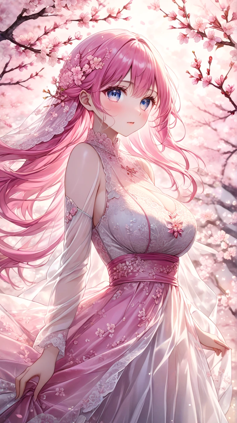 handsome girl，blue-eyes，blue pupils，Long pink hair，Hyperresolution，accuracy，Detailed rendering，（Subtle facial image）（Image of fine hair）（topquality）（Masterpieces of masters）（High degree of completeness）（A sense of atmosphere）tmasterpiece，Super detailed and super detailed（half-body portrait), long wavy pink hair, (((tHICK WAVY HAIR)))(((ANKLE LENGTH HAIR)))(((Blushing)))(((Huge breasts)))(((LARGER BREASTS))) large breasts, bigger breasts (((Bigger breasts))) (((Blushing))) (((Sakimichan))) (((Pink hair))) (((cute outfit)))(((Casual full outfit)))(((Dressed up))) (((Covered up))) (((Casual dress)))