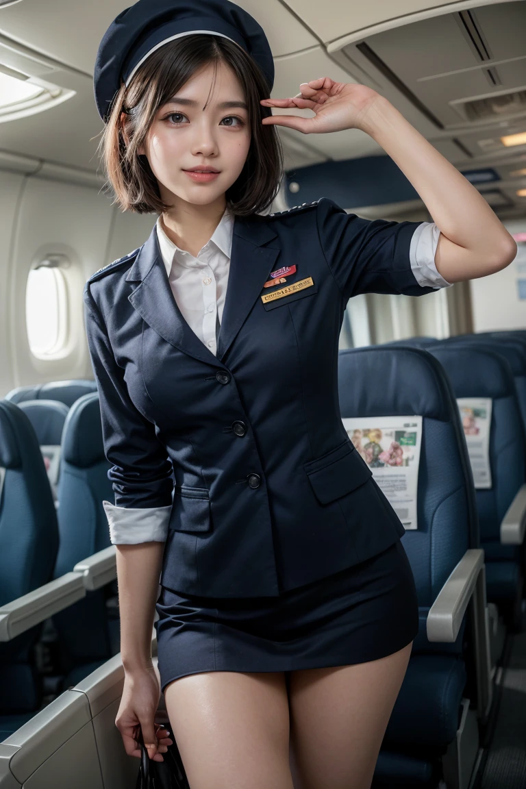((masterpiece, best quality)), beautiful 40-year-old Pakistani woman (Chloe Grace Moretz:Milla Jovovich:0.5), (brown- black hair, bob hairstyle, square face), (medium breasts), (curvy, muscular body), (natural skin), legs, (plunging stewardess uniform:1.3), (seductive expression:1.2), jewelry, standing, various poses, empty passenger plane cabin background, (UHD, 8K wallpaper, High resolution), Cinematic lighting, physically-based rendering, award-winning, extremely detailed skin, extra detailed face, high detail eyes, Carl Zeiss 85 mm F/1.4, by Ellen von Unwerth
