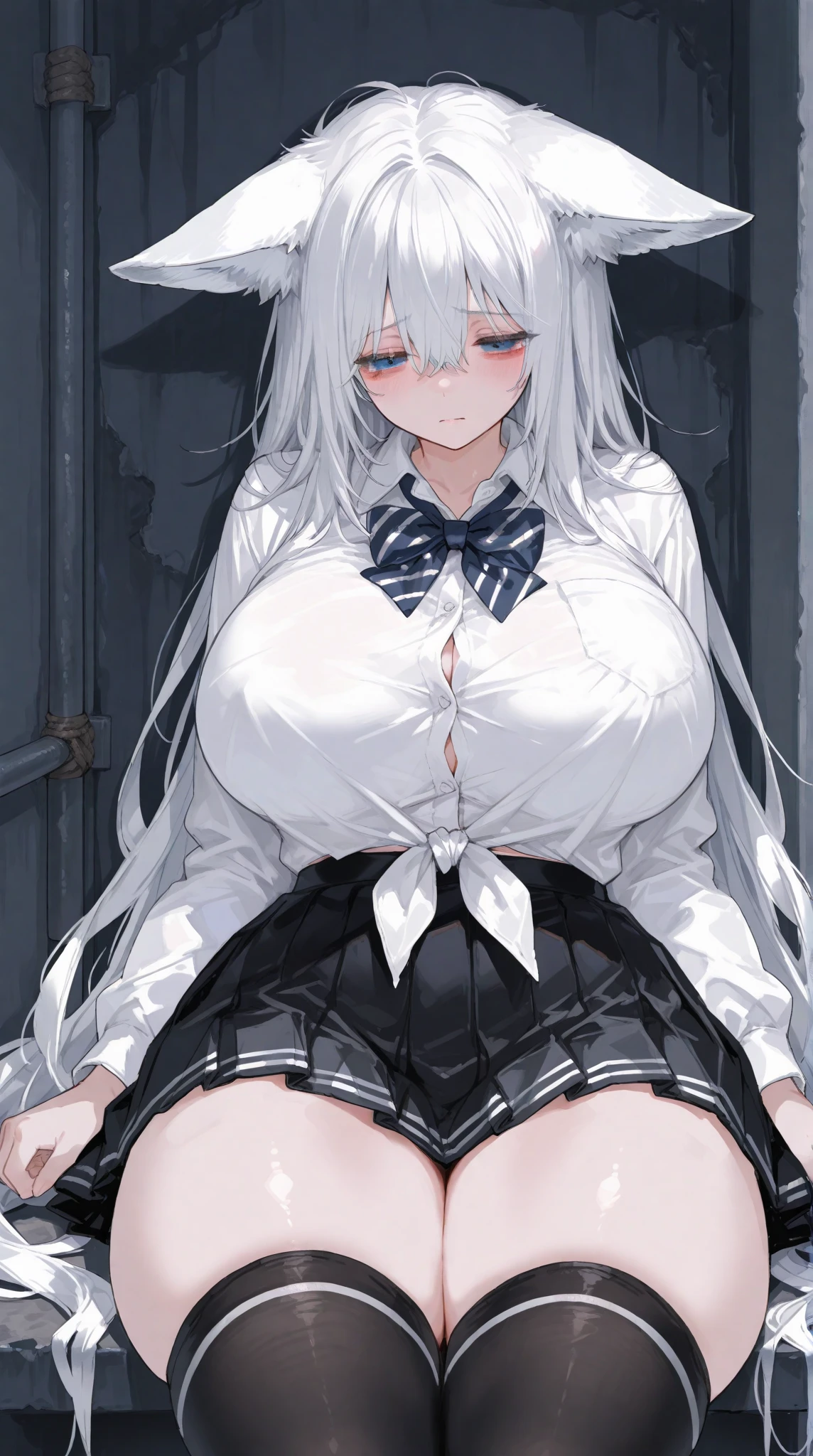 (ultra detailed,highres,absurdres,absolutely resolution:1.3),
(rain:1.4), (messy room,debris,rubble:1.4),
(outdoors,abandoned hospital,desolation,wasteland:1.3),
1girl, solo, clothes reflecting light, cinematic lighting, BREAK
(torn clothes:1.4), (torn dress,torn skirt:1.3), (torn:1.3),
(show off nipples:1.3), ((nipples)), nsfw, BREAK
(sitting on the floor,leaning back:1.4), (against the wall,peeling wall:1.3), ((slouching,spread legs)), (pussy:1.3), (arms down:1.3), (dead girl:1.2), BREAK
(cum in pussy:1.3), (creampie,cum_pool:1.4), A lot of semen is overflowing from her vagina, Semen is dripping on the floor, (cum,after sex:1.3), BREAK
(expressionless:1.4), (((empty eyes))), drooling, (saliva trail):1.3, (streaming tears):1.3, (open mouth):1.2, BREAK
(Altina Orion,white hair,sidelocks,tress ribbon,hair ornament,very long hair,black hat:1.3), BREAK
(Altina Orion,white skirt,blue shirt:1.3), uniform, pleated skirt, BREAK
(torn pantyhose,wearing white knee boots:1.3), black pantyhose, lace-up boots,