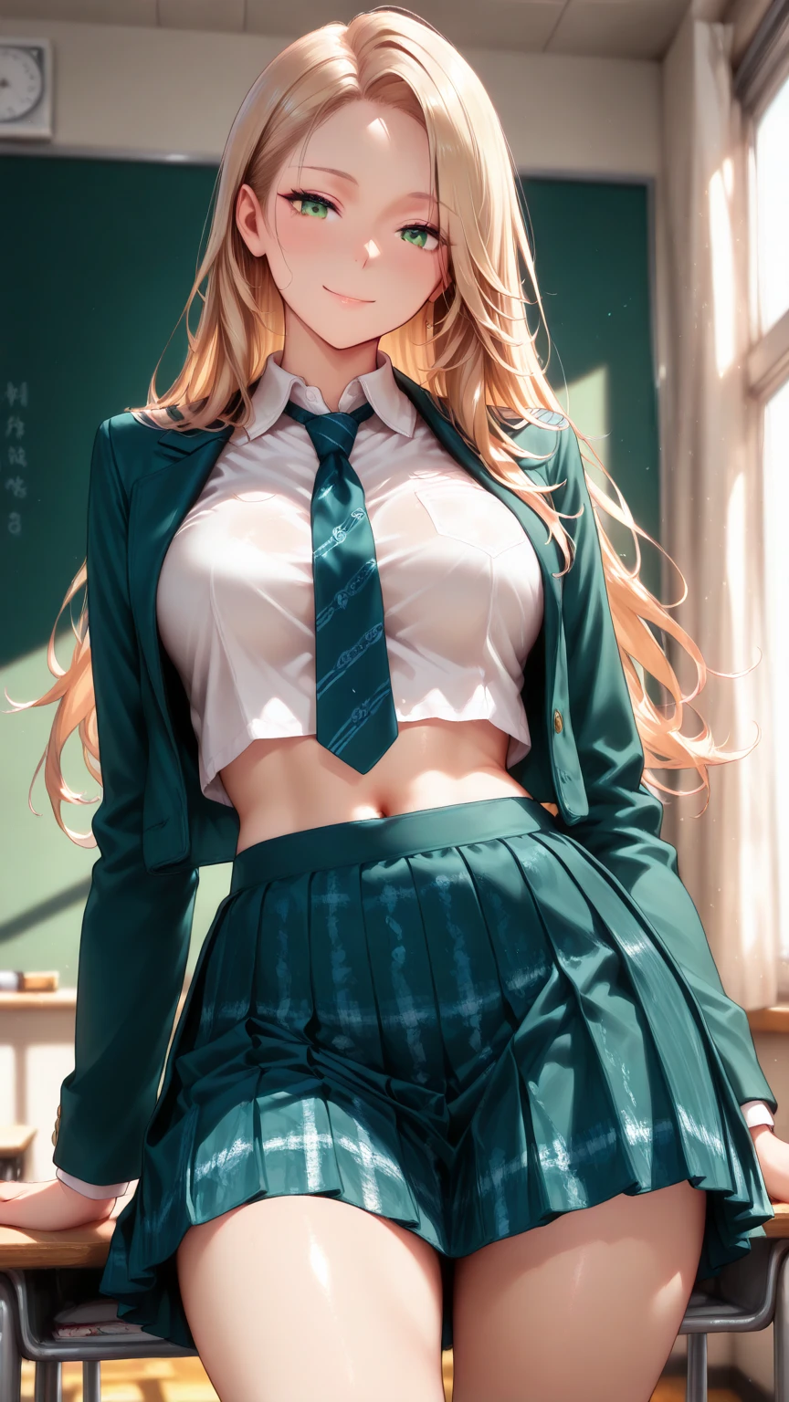 blonde hair, long hair, green eyes, happy, school uniform, short skirt, medium breast, cleavage, classroom, slim legs, navel, open clothes, full body