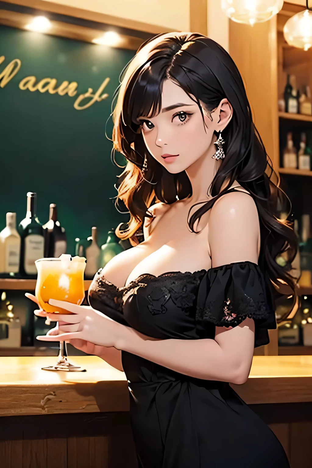londe girl with sexy costume topless at the bar. dramatic scene, vibrant
