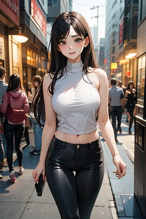 (Highest quality、8k、masterpiece:1.3)、Beautiful woman with perfect figure:1.4、((Dark brown super long hair))、((Her hair is super long, reaching down to her waist))、26 years old、Russians and Japan mixes、Beautiful Face、Slender figure、Beautiful female curves、Wearing a pendant、((White tank top))、((Black leather mini skirt))、Highly detailed face and skin、fine grain、double eyelid、(Big Breasts )、 Big Ass、Bewitching atmosphere、((smile))、((Walking in the city))、((City building street))、((Shinjuku、Kabukicho))、