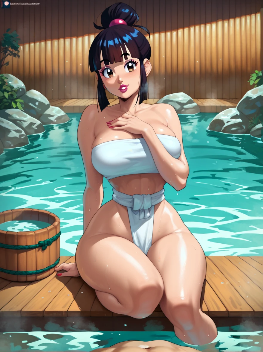 Solo, 1girl, long black hair, blue eyes, large breasts, narrow waist, hourglass figure, one-piece artstyle, completely naked, nsfw, straight-on, bath, water, night, pov adoring, smile, closed mouth, blushing, 