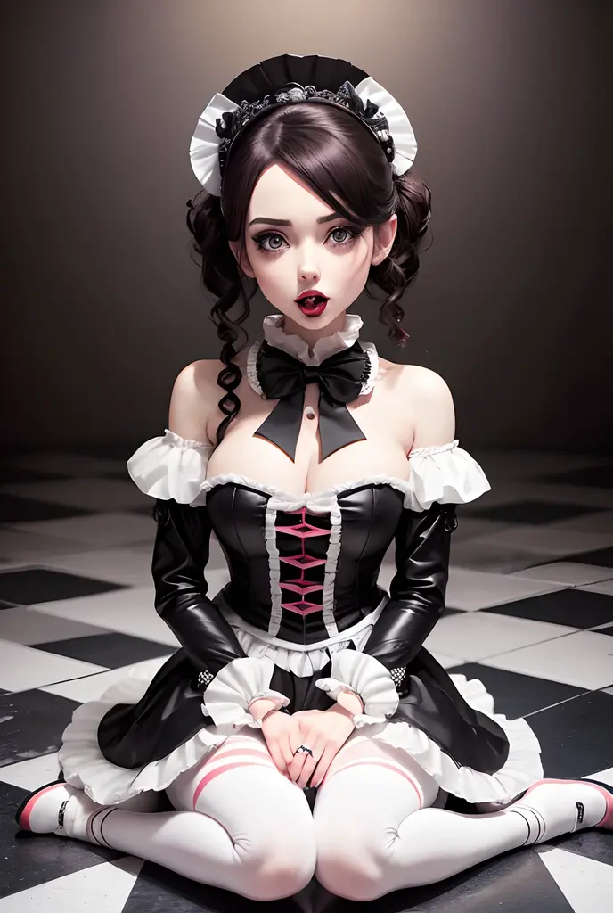 arafed woman ((Amouranth)) in a black and white outfit sitting on a floor, a portrait inspired by Ray Caesar, tumblr, pop surrealism, goth clown girl, intricate clown makeup, intricate clown costume, clown girl, creepy clown girl, natalie shau, jester themed, jester, adrian borda, cutecore clowncore, portrait of circus artist, avant garde fashion model pop up parade figure, seductive anime girl, anime figure, (anime figurine), seductive. highly detailed, aoshima chiho, ( highly detailed figure ), pvc figurine