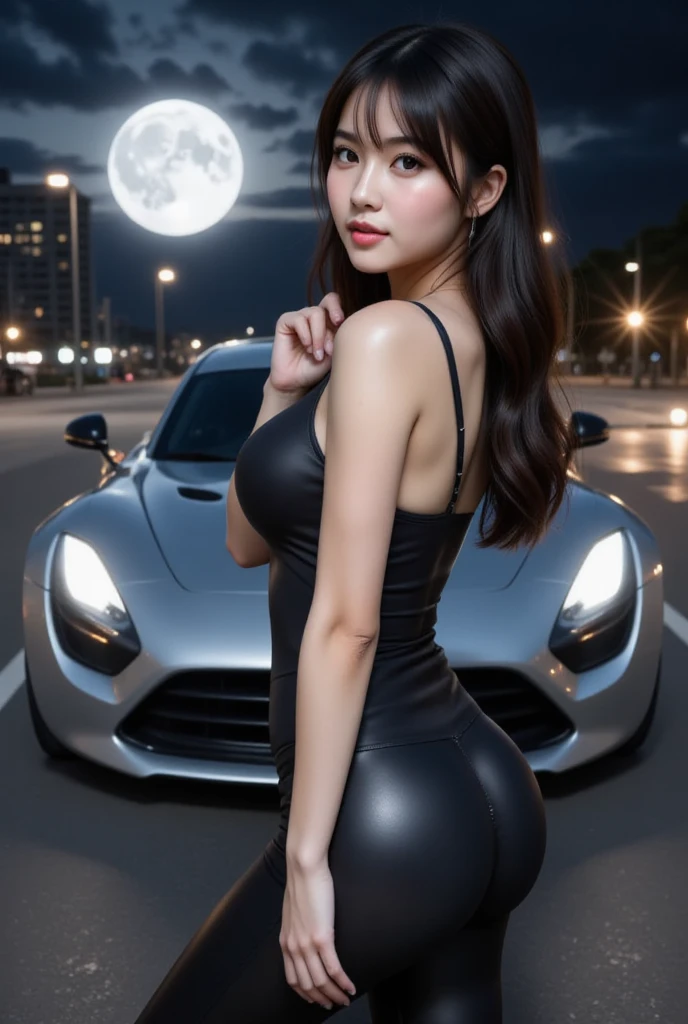 masutepiece, Best Quality, hight resolution, 1girl in, 
(Japanese beautiful girl:1.2), 
Professional Lighting, Physically-based rendering, Very cute, 
messy long hair, 
wavy bob, 
over shoulder,
swept bangs,
big eyes, black eyes,
extremely detailed eyes and face,
(eyes with beautiful details:1.2), 
mature, 45 years old, ssmile, Race Queen, sexy white costume, bodycon costume,   
A costume that fits snugly to the body, 
Sensual costumes, costume with wide open breast area, Bold design, 
(large full breasts:1.3),(constricted hips:1.3), (Exposing breasts:1.2), cleavage of the breast, Protruding chest,
perfect body, beautiful body line, sexual excitement, Sexual expression, Open crotch, 
cammel toe, Detailed depiction of costumes, exact hand detail, 
circuit, Leaning on a sports car, standing, Hands behind the buttocks, 
captured with a high-resolution lens like Nikon AF-S NIKKOR 85mm f/1.8G, hyper realistic, 8K, 
Thigh, kne, side shot