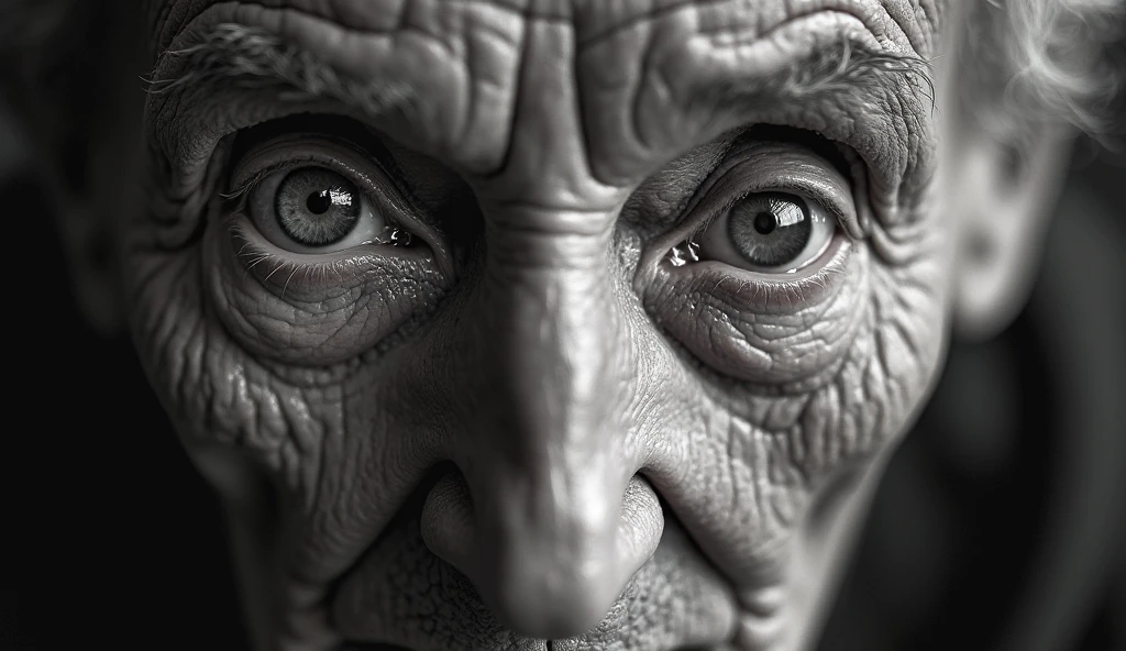 Very ugly and scary looking old witch holding her face in shock. Her eyes are wiped. Wrinkles on her face. Mouth wide open. She has no teeth. Background is horrible. Midnight. Hell in the background. Color theme is black, and blue.