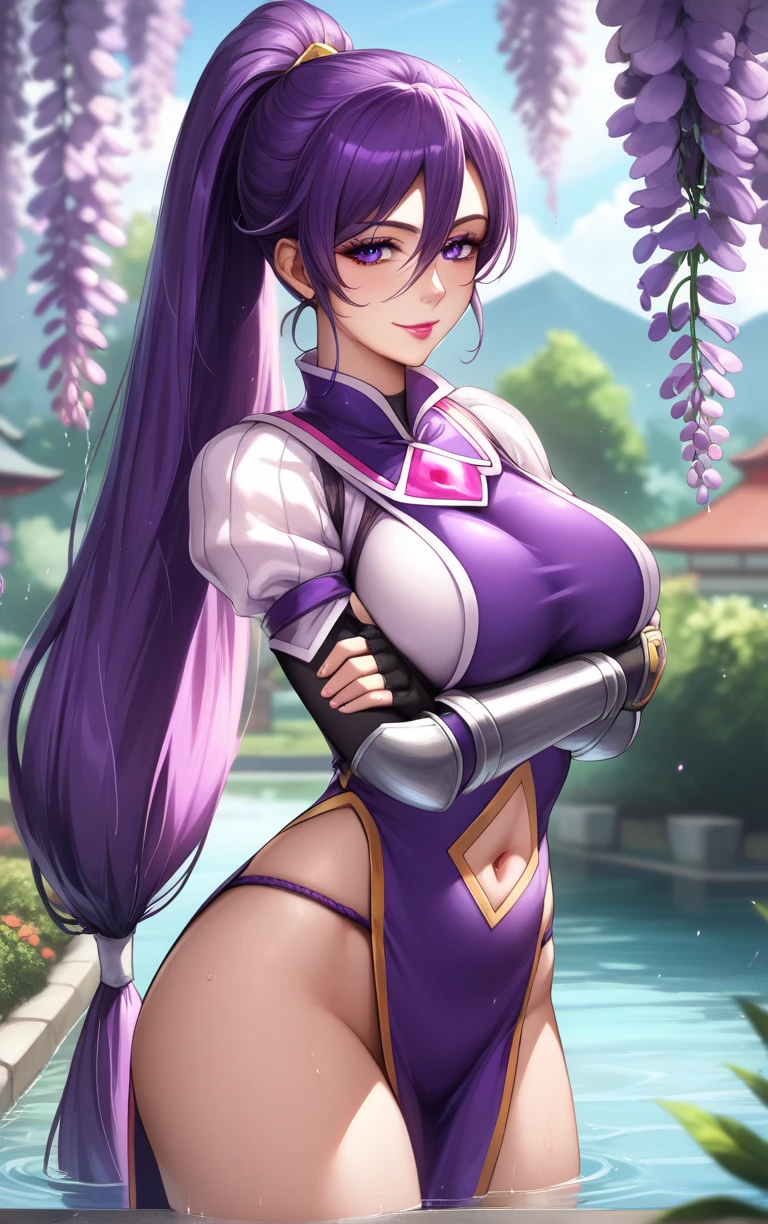 (Realistic:1.3), In detail, quality, Rembrandt Lighting, (masterpiece:1.2), (photoRealistic:1.2), (best quality), (Detailed skin:1.3), (Intricate details), dramatic, Ray Tracing, One girl, Japanese Girls, smile, Long Hair, 21 years old, Medium chest, Hmm, minamoto no raikou (destiny), High collar, gloves, Loincloth, Ribbed sleeves, rope, (Purple bodysuit:1.2), (Cherry tree, river, spring, sun, cloud, Walking, nature, forest),