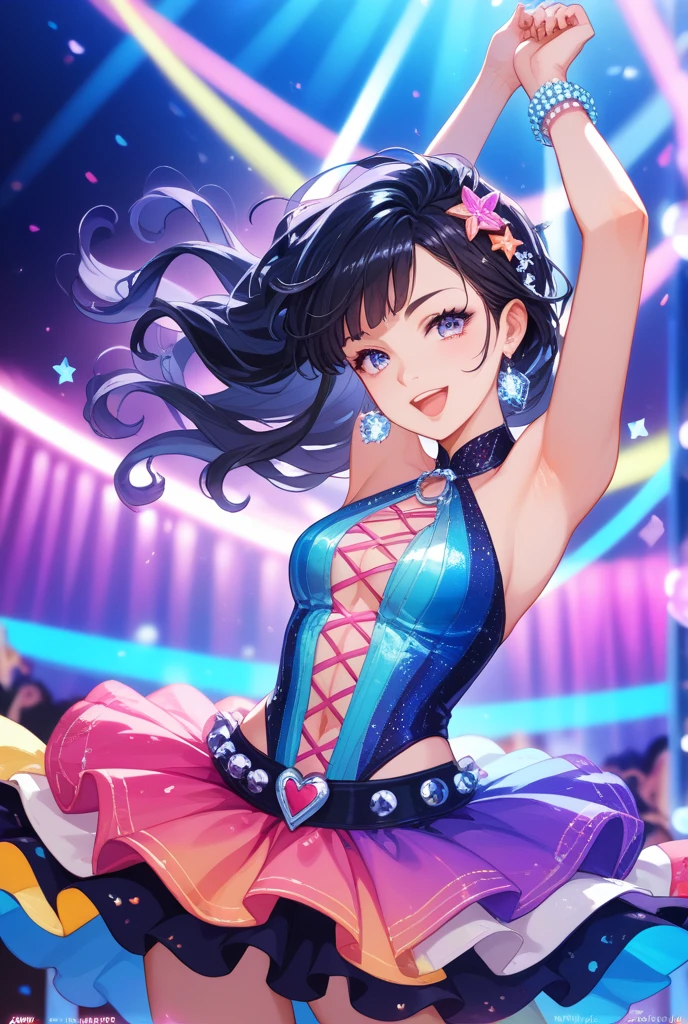 (Best quality:1.2), 1 girl, vibrant colors, dreamy lighting, detailed floral background, evil smile, alone, ponytail, star-shaped hairpin, black feather hairpin, nail art
